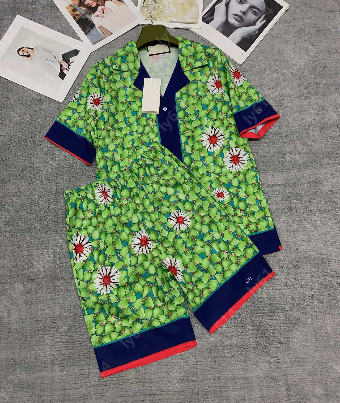 pijama style 2 piece set women tracksuit summer casual outfit Classic Pattern Print Lapel Short Sleeve Button Up Shirt With Matching Shorts womens des