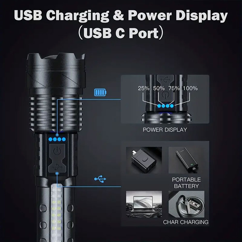 Rechargeable LED Flashlight Side Red Light Work Lamp Zoom Focus Torch With Power Display