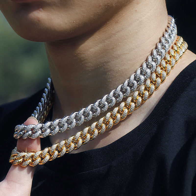 18k Gold Plated cz 10-12mm wide Hip Hop Iced Out Jewelry Bling vvs Moissanite Diamond Miami Cuban Link Chain Necklace Men