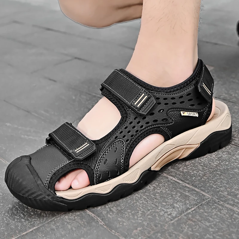 Men Sandals Non-slip Rubber Soles High Quality Casual Water Trekking Mesh Leather Beach Breathable Summer Outdoor Hiking Soft