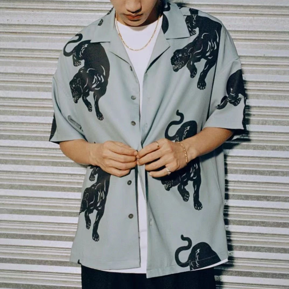 Street Retro new All-match Short-sleeved Shirt Top Men's 2024 2025 American Style Hiphop Personality Black Panther Print Loose Casual