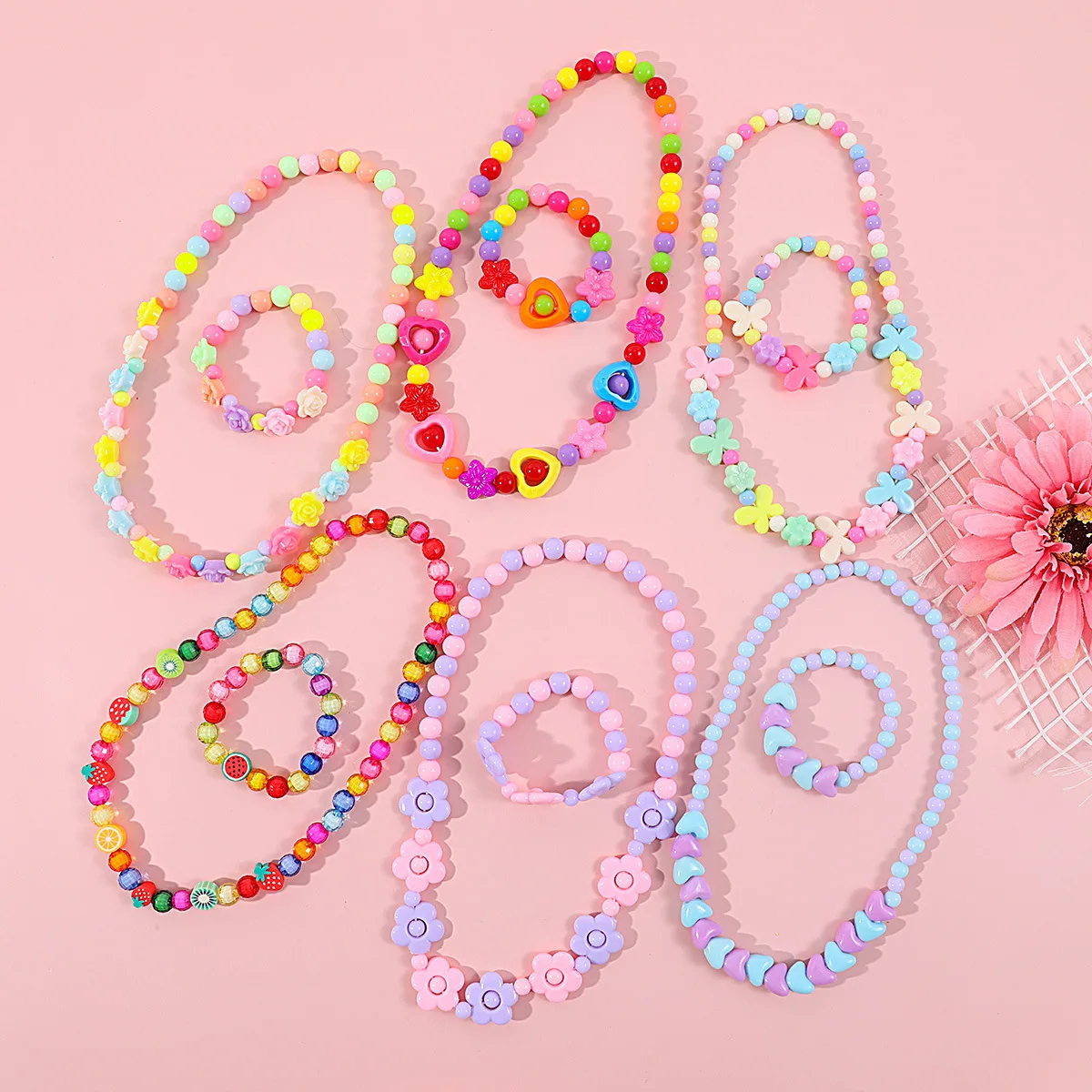 Makersland Children's new Beaded Flower 2025 Bracelet Colorful Acrylic Flower Necklace Girls Children's Jewelry Sets Wholesale