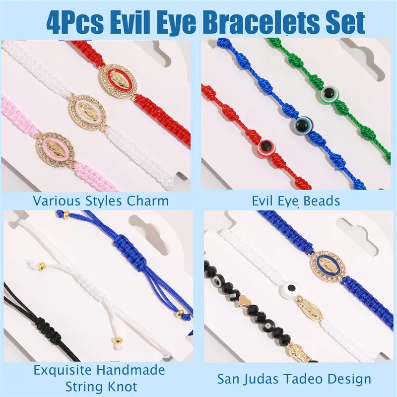 4Pcs Mexican Braclets Virgin Mary San Judas Bracelet For Women Girls Red String Evil Eye Green Beads Anklets Jewelry Gift