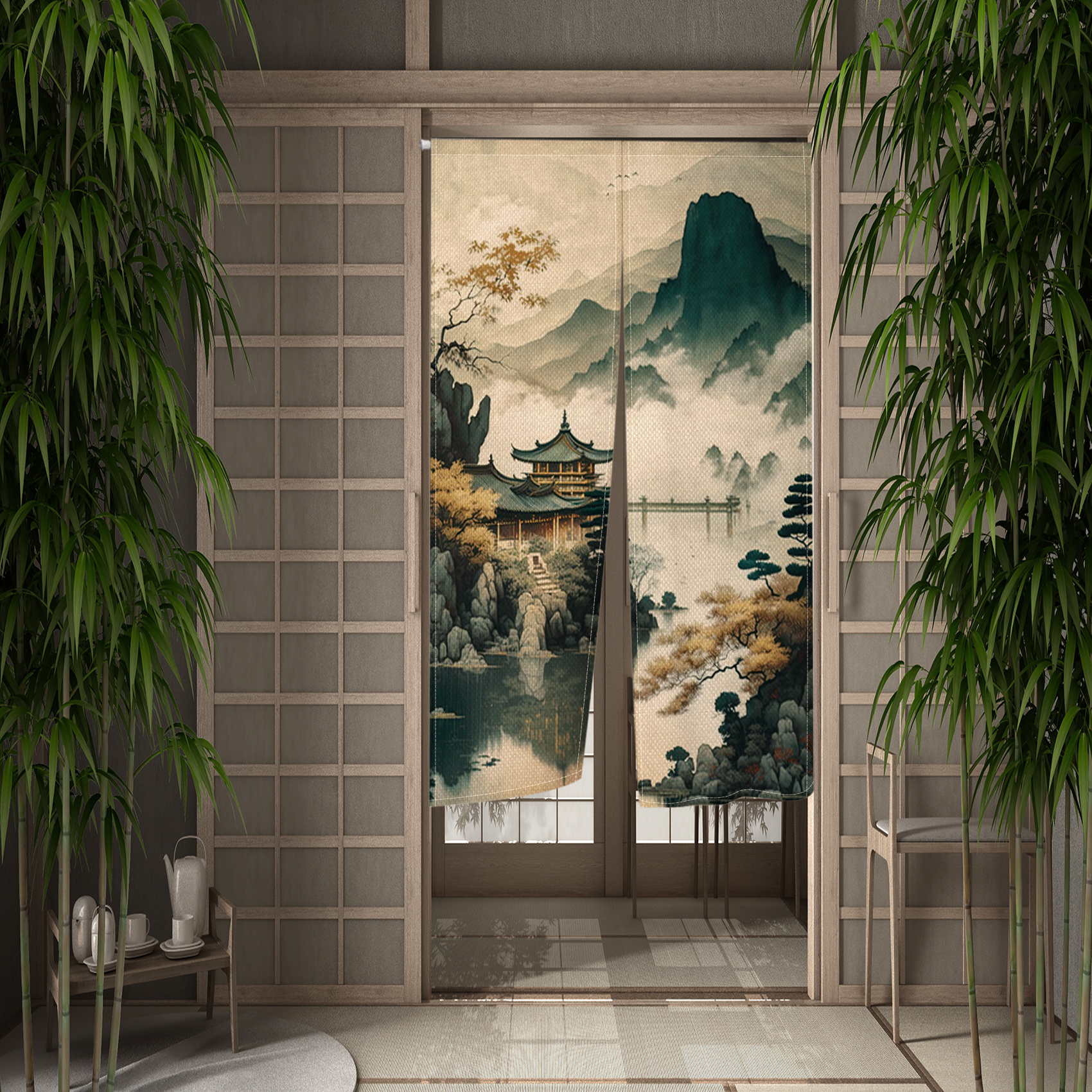 Chinese Traditional Landscape Door Curtain Noren Ink Mountain Painting Kitchen Bedroom Japanese Hanging Entrance Doorway Curtain