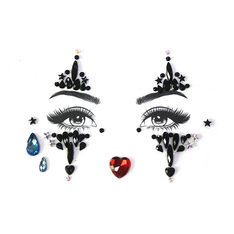3D Crystal Face Chest Jewels Tattoo Sticker Music Festival Carnival Party Rhinestone Tattoo Halloween Horror Tattoos Decoration