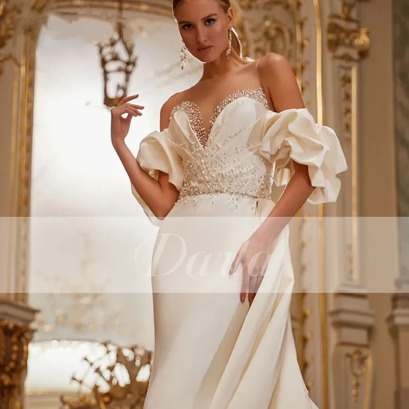 Luxury Ivory Mermaid Wedding Dresses V Neck Half Sleeve Off the Shoulder Bridal Gown Pearls Satin Mariage Bride for Women 2023