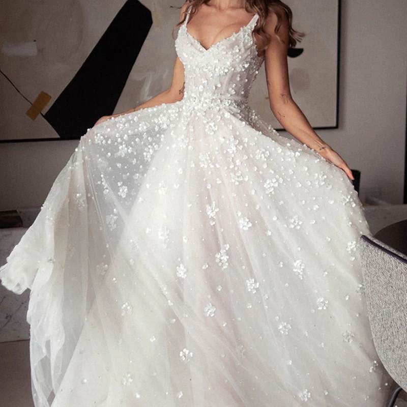 JEHETH Bohemian V-Neck Wedding Dresses For Bride Spaghetti Straps A-Line Bridal Gowns Sexy Sleeveless Zipper Up Vestido De Noiva