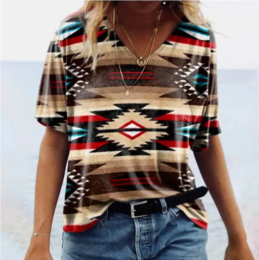 Street T-shirt 2025 new Women Ethnic Style Tee Summer Short Sleeve Haruku Print Shirt Clothing Casual Female Retro Oversized T-Shirts