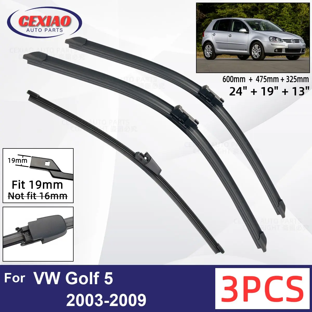 new For VW Golf 5 2003-2009 Car Front Rear Wiper Blades Soft 2025 Rubber Windscreen Wipers Auto Windshield 24"19"13" 2005 2006 2007 200