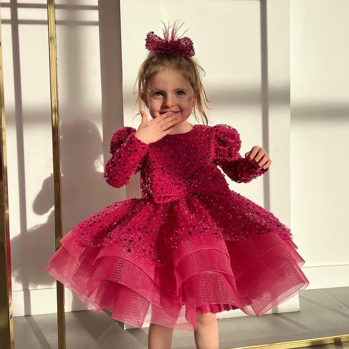 long sleeves Toddler Flower Girls Dresses For Weddings 2024 red sequined Girl Birthday Party Dress Ball Gown Little Girls Pageant Wear Princess Kids p