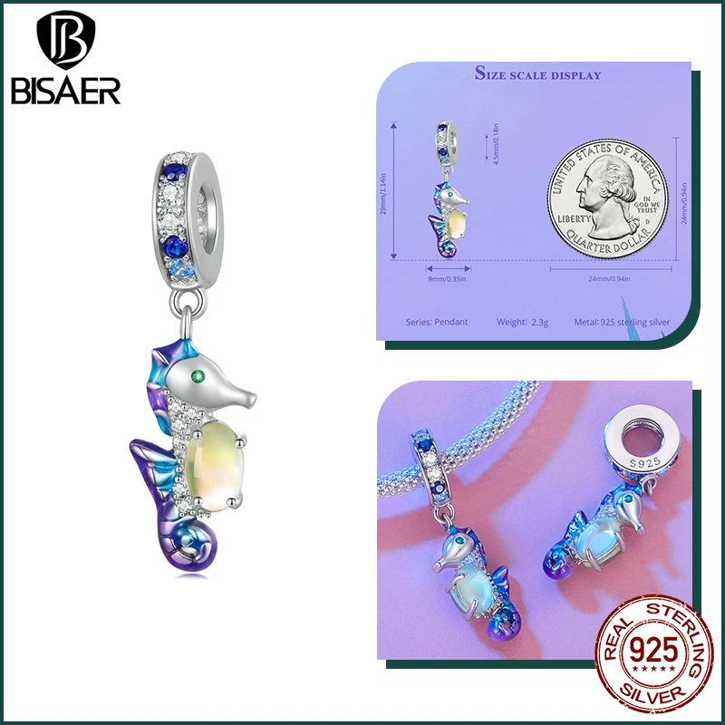 BISAER 925 Sterling Silver Dreamy Oecan Animals Charm Crab Bead Seahorse Turtle Pendant For Women DIY Bracelet Necklace Jewelry