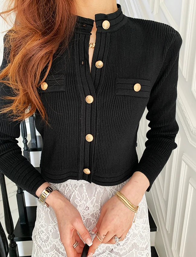 Autumn Winter Women Knitted Cardigans Elegant Temperament Ladies O-neck Gold Buttons Slim Versatile Female Sweater Crop Tops