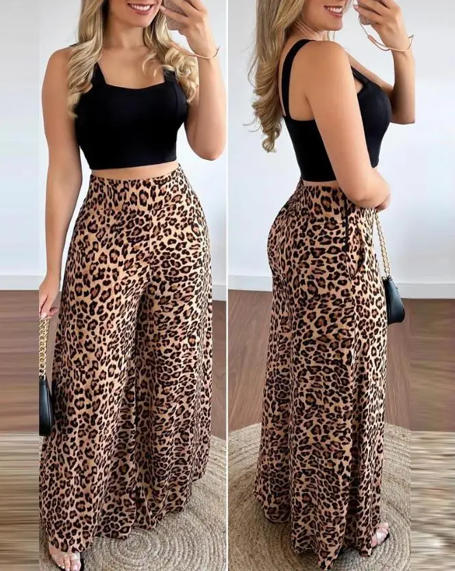 Two Piece new Sets Women 2025 Outifits 2023 Summer Fashion Square Neck Sleeveless Crop Tank Top & Leopard Print Pocket Wide Leg Pants Set