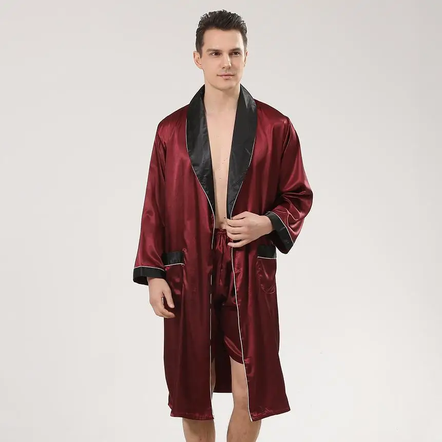 Men Satin Kimono Robe Short Pants Sleep Set Male V-Neck Nightwear Sleepwear Home Dressing Gown Loungewear Pajamas Bathrobe
