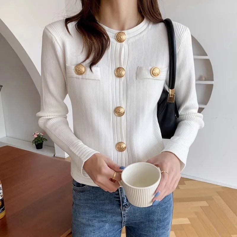 Autumn Winter Women Knitted Cardigans Elegant Temperament Ladies O-neck Gold Buttons Slim Versatile Female Sweater Crop Tops