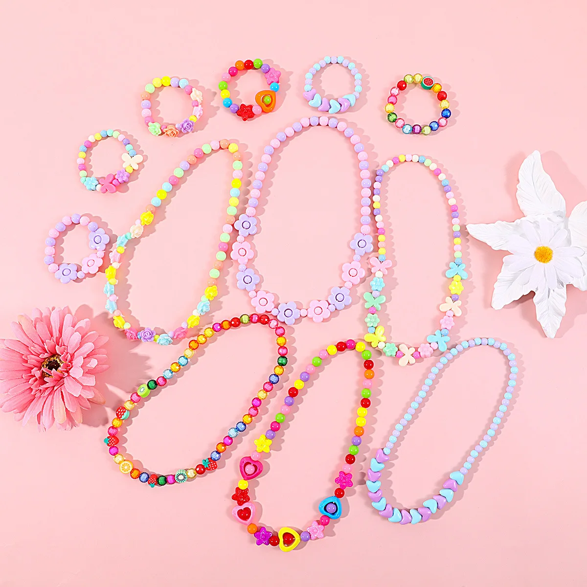 Makersland Children's new Beaded Flower 2025 Bracelet Colorful Acrylic Flower Necklace Girls Children's Jewelry Sets Wholesale
