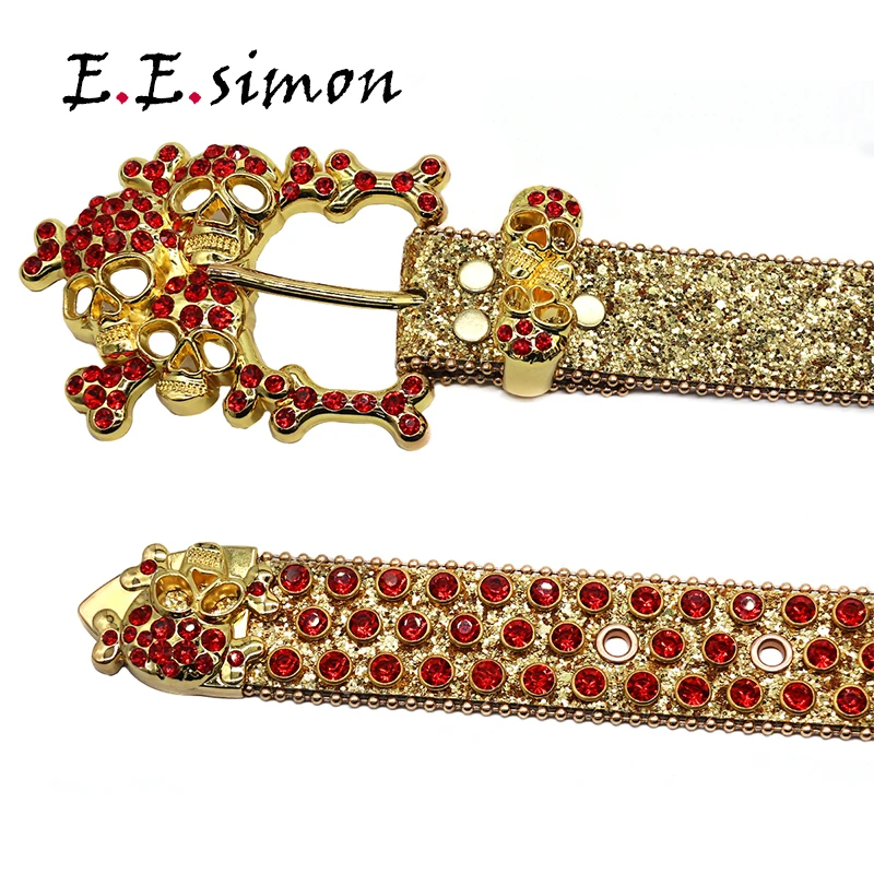 BIG Skull Belts Rhinestones Western Cowboy Cowgirl Sparkle Men Leather Studded Strap Famous Brand Designer Diamond Belt Women