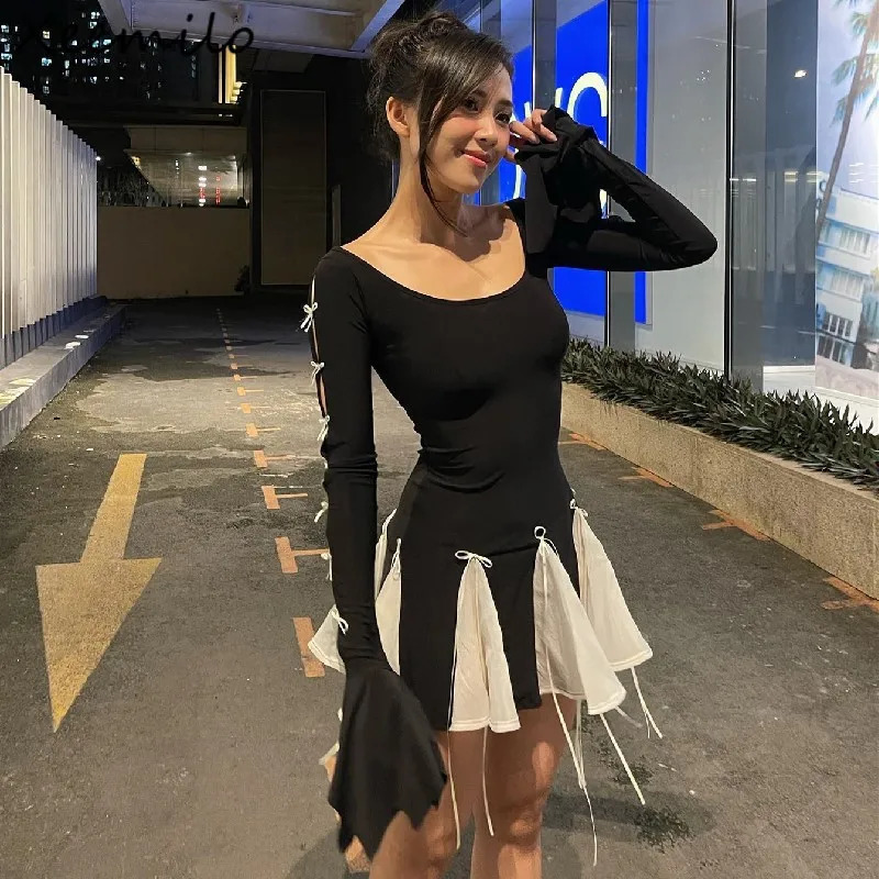 Xeemilo Autumn Bow Lace Up Slim Dress Aesthetic Long Sleeve Black White Patchwork Skinny Dresses Korean Fashion Party Vestidos 240518