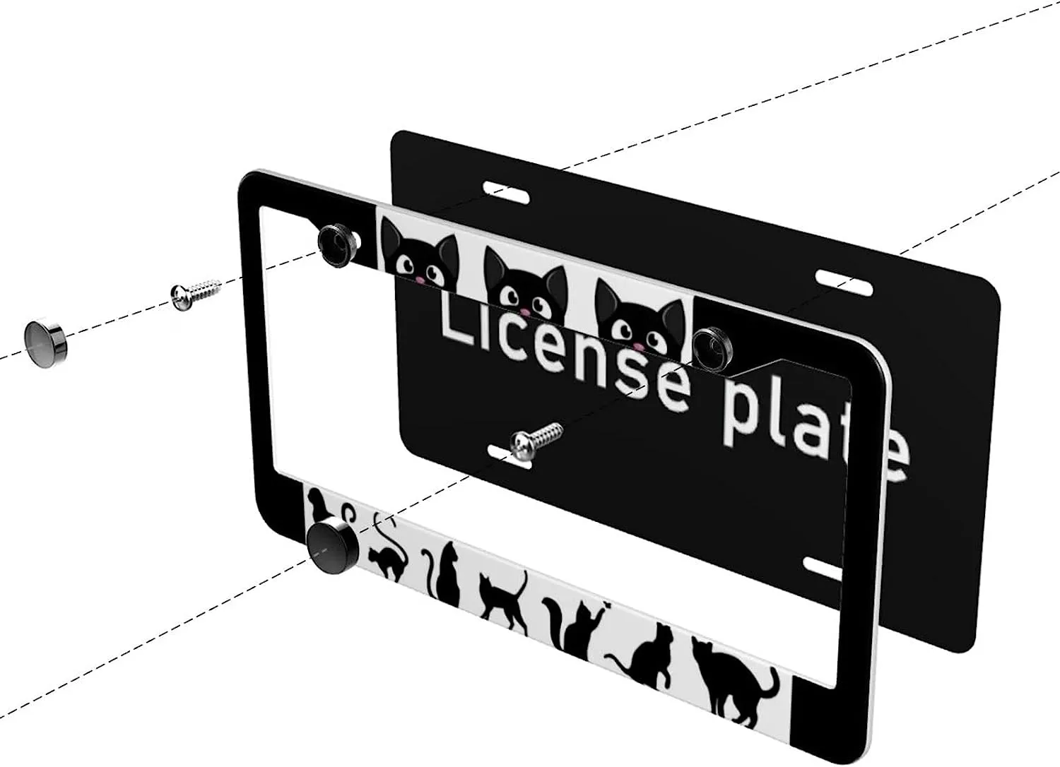Black Cat License Plate Frame 2 Pack Aluminum License Plates Halloween License Plate Holder Novelty Auto Car Tag Car Accessories
