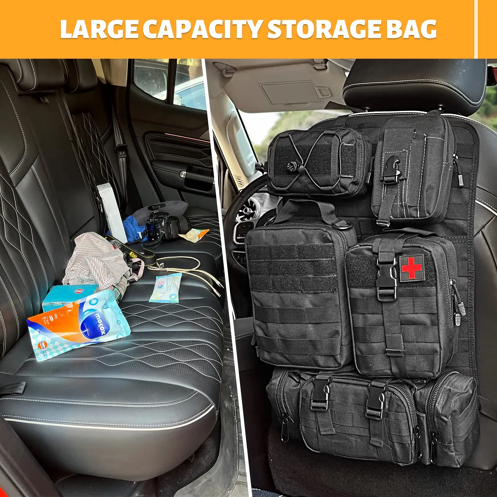 Tactical Car Seat Back Organizer Tactical Vehicle Panel Organizer with 5 Detachable Molle Pouches Universal fits Most of Vehicle