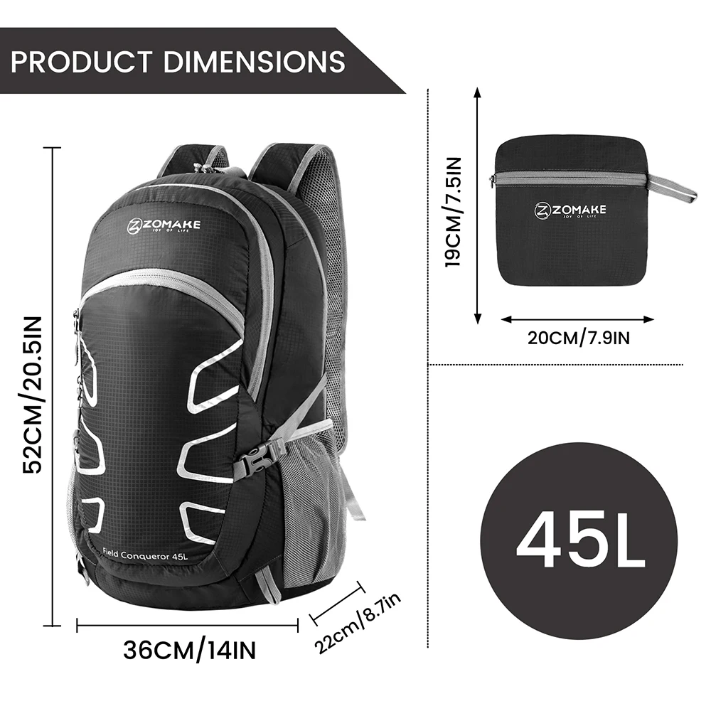ZOMAKE 45L Ultra Lightweight Packable Small Backpack Water Fishing Bags Waterproof Resistant Travel Hiking Daypack for women man