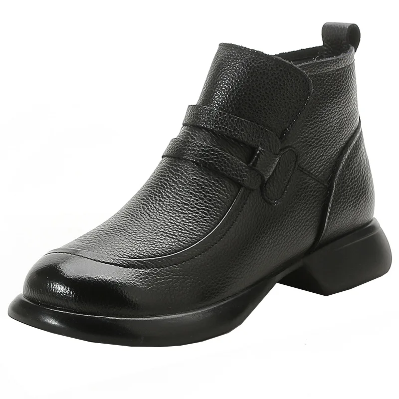 Women Shoes Round Toe Genuine Cow Leather Handmade Retro Thick Heel Casual Loafers Ladies Winter Soft Sole Plush Warm Boots