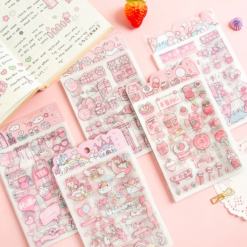 Kawai 4Pcs Pink PET Decorative Stickers Pack Scrapbooking Stationery School Supplies Korean Stickers