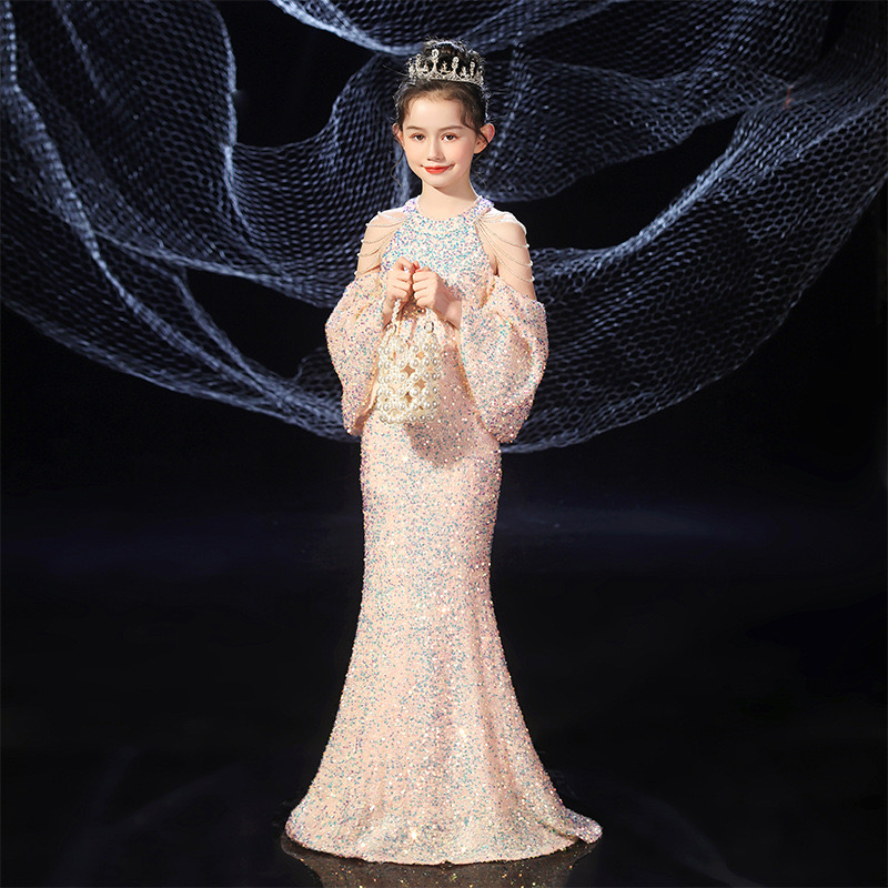 Long Boho Flower Girls Dresses For Wedding sequined mermaid Floor Length Lace Little Kids First Communion Dress Vintage sequined off shoulder Girls Pa