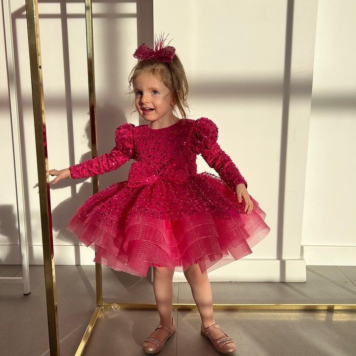 long sleeves Toddler Flower Girls Dresses For Weddings 2024 red sequined Girl Birthday Party Dress Ball Gown Little Girls Pageant Wear Princess Kids p