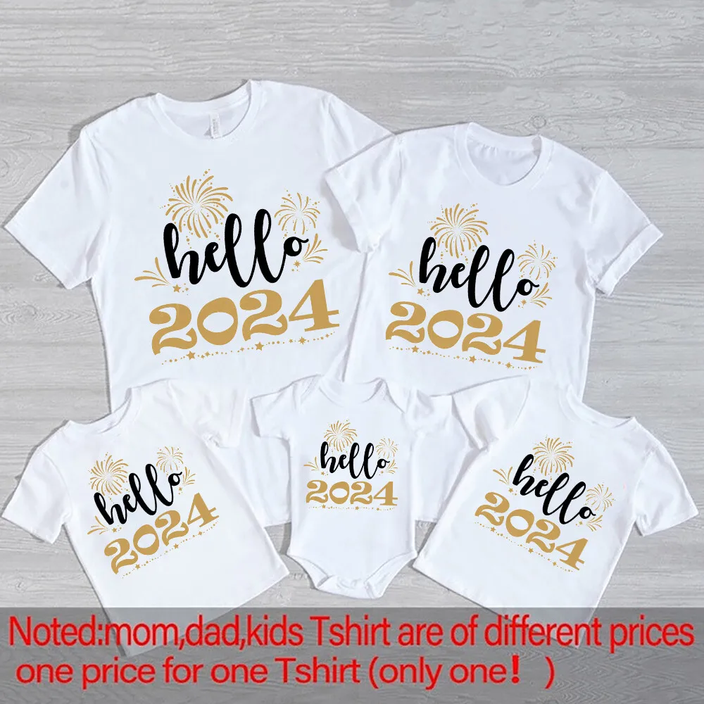 Hello 2024 Happy New Year Family Matching Outfits Dad Mom Kids Shirt Baby Bodysuit Family Clothes New Year Party Family Outfits