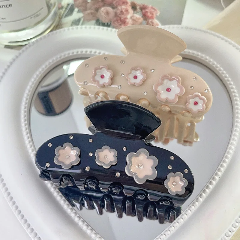 Muweordy 8cm Flower Hair Clip with Diamond Hair Claw Korean Elegant Acetate Claw Clip Crab Hair Clip Hair Accessories for Women