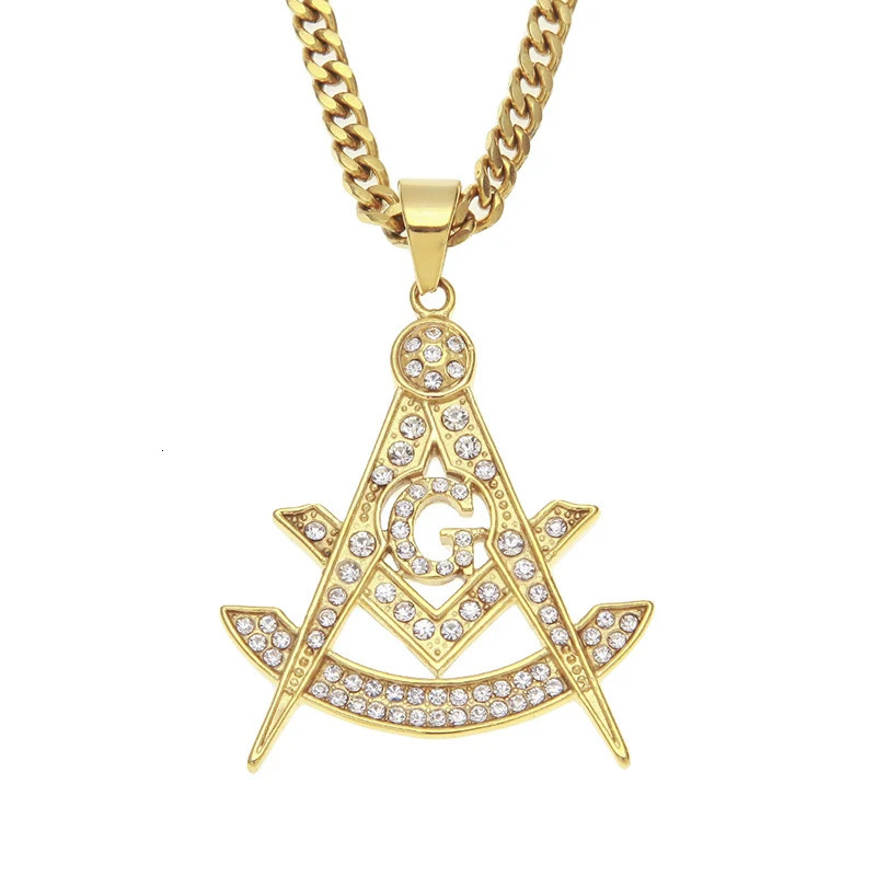 Hip Hop Bling Iced Out Rhinestones Stainless Steel Masonic Freemasonry Pendant Necklace for Men Rapper Jewelry 240514