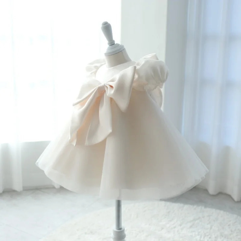 Baby Girl Silk Princess Tutu Dress with Puff Sleeves Childrens Vintage Vesido Party Pageant Birthday Baptist Frog Baby Clothing 1-12Y 240520