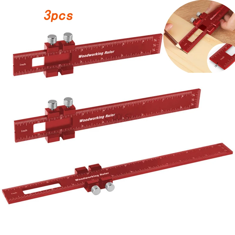 Aluminum Alloy new 3 Sets of Red T-shaped Woodworking 2025 Tools Round Hole Ruler Portable Woodworker DIY Multifunctional Scriber Ruler