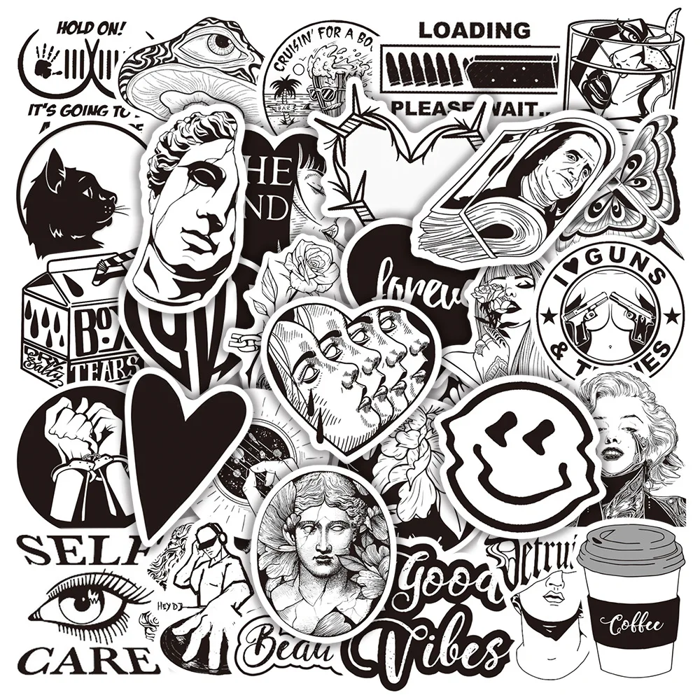 50pcs Graffiti Black and White Art Styling Stickers Laptop Lage Phone Case new Guitar Fridge Car Motorcycle Cool 2025 Ins Decals