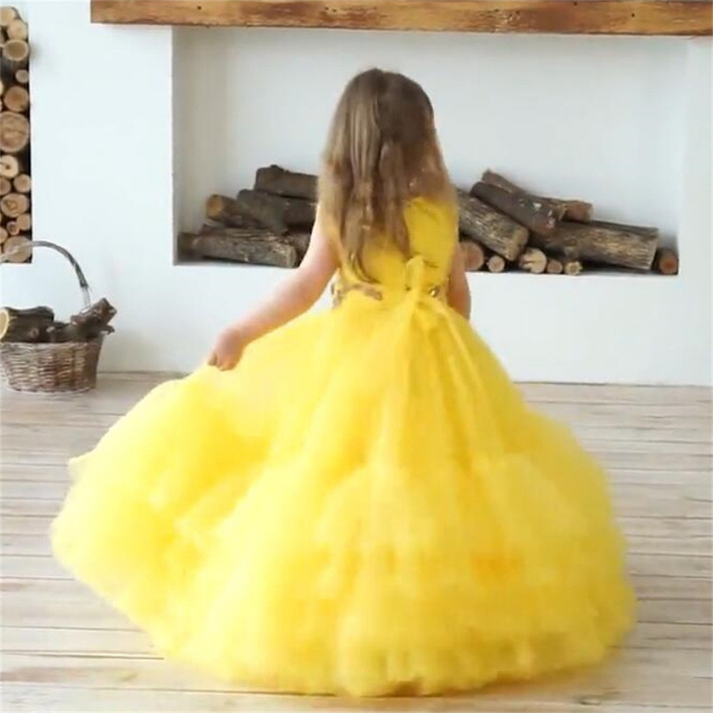 Kids Ball Gown Flower Girl Dresses for Wedding Formal Wear Elegant Birthday Dress 2024 yellow pink TUTU Cute Princess Kids blue Gown communion pageant