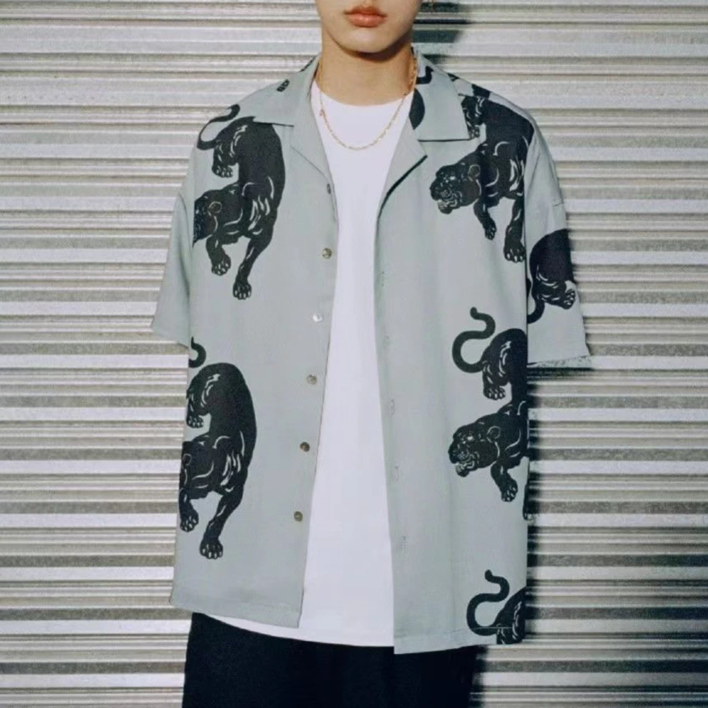 Street Retro new All-match Short-sleeved Shirt Top Men's 2024 2025 American Style Hiphop Personality Black Panther Print Loose Casual