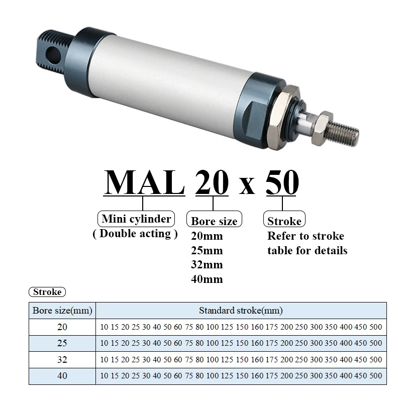 Pneumatic Mini Cylinder MAL 16/20/25/32mm Bore 25/50/75/100/200/300/400/500mm Stroke Single Lever Pneumatic Air Cylinder