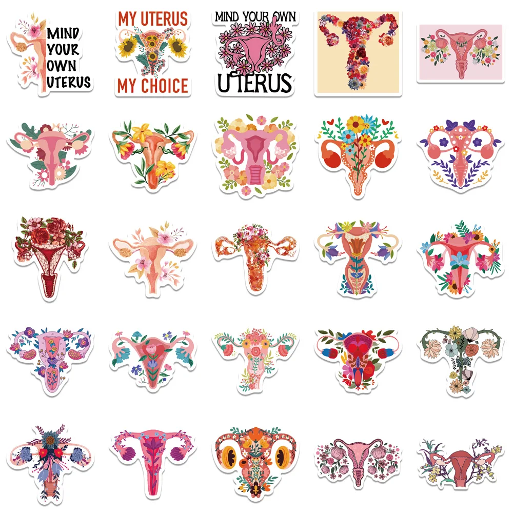 50PCS 2025 Uterus Flowers Pro Choice Stickers Womens Rights Feminist Protest Sticker for Water new Bottle Laptop Skateboard Lage