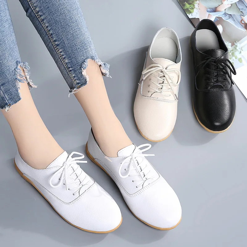 Women Hollow 2025 Out Oxford Shoes Girls Ballerina Trainers Soft Sole Flats Genuine Leather Moccasins Lace Up Loafers new Summer Sandals