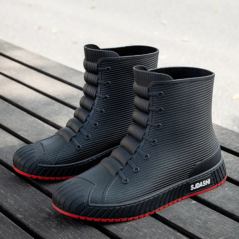 Fashion Mens Rain Boots Rubber Gumboots Slip on Mid-calf Waterproof Working Boots Comfort Red Non-slip Fishing Shoes for Men 240524
