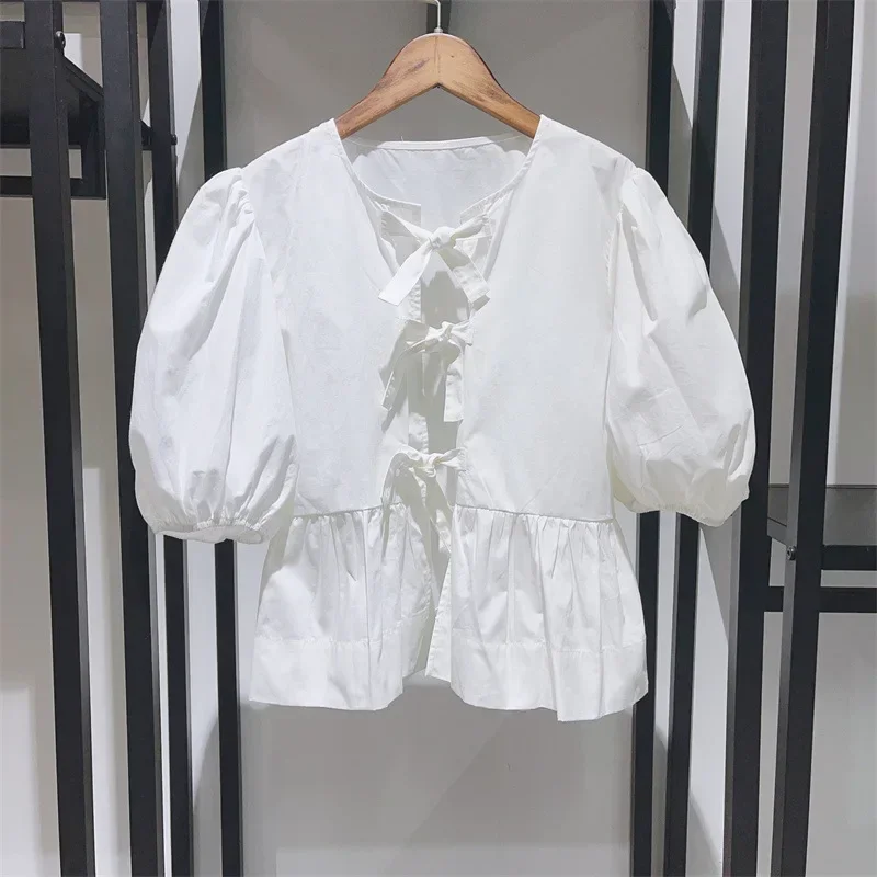 Women Shirt 2023 Spring and Summer New new Round Neck Tie 2025 Puff Sleeve Waist Solid Color Shirt