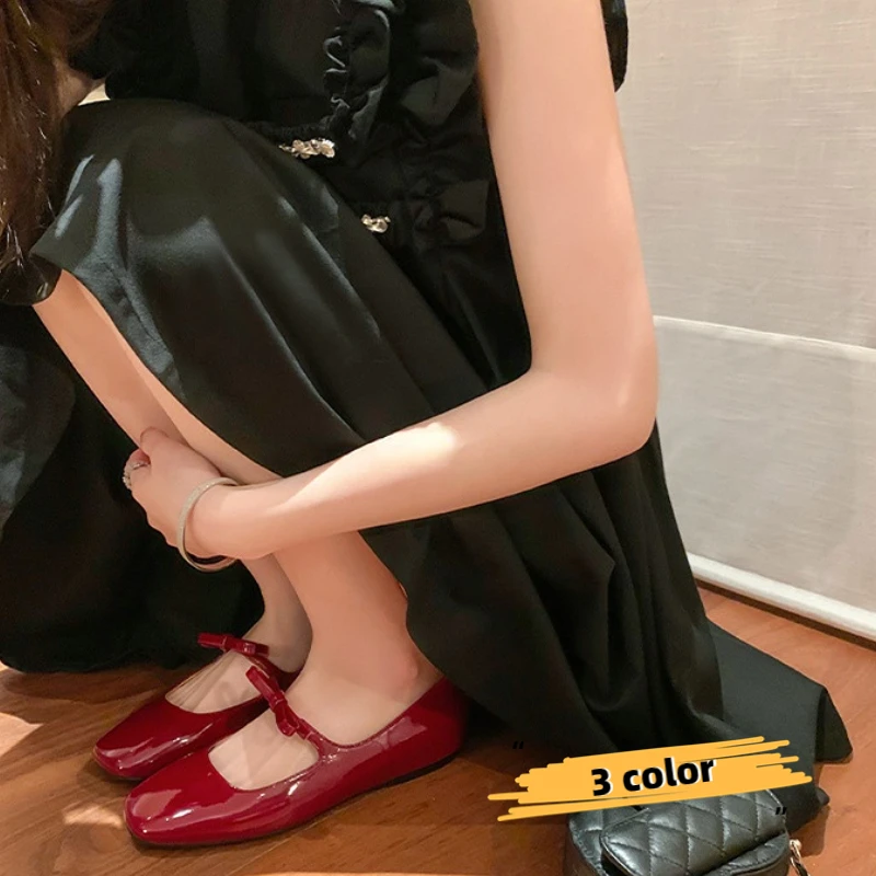 Ballet Falts Shoes for 2025 new Women Bow Tie Elegant Women's Loafers Shoes with Low Heels Black Leather Mary Janes Desinger Shoes Ladies