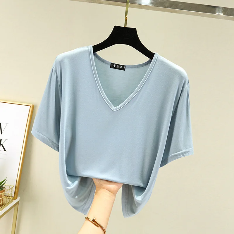 Women's T-shirt Modal V-Neck Short sleeves Tops Summer new 2025 Casual T Shirts Solid color Loose basic Bottoming Tees
