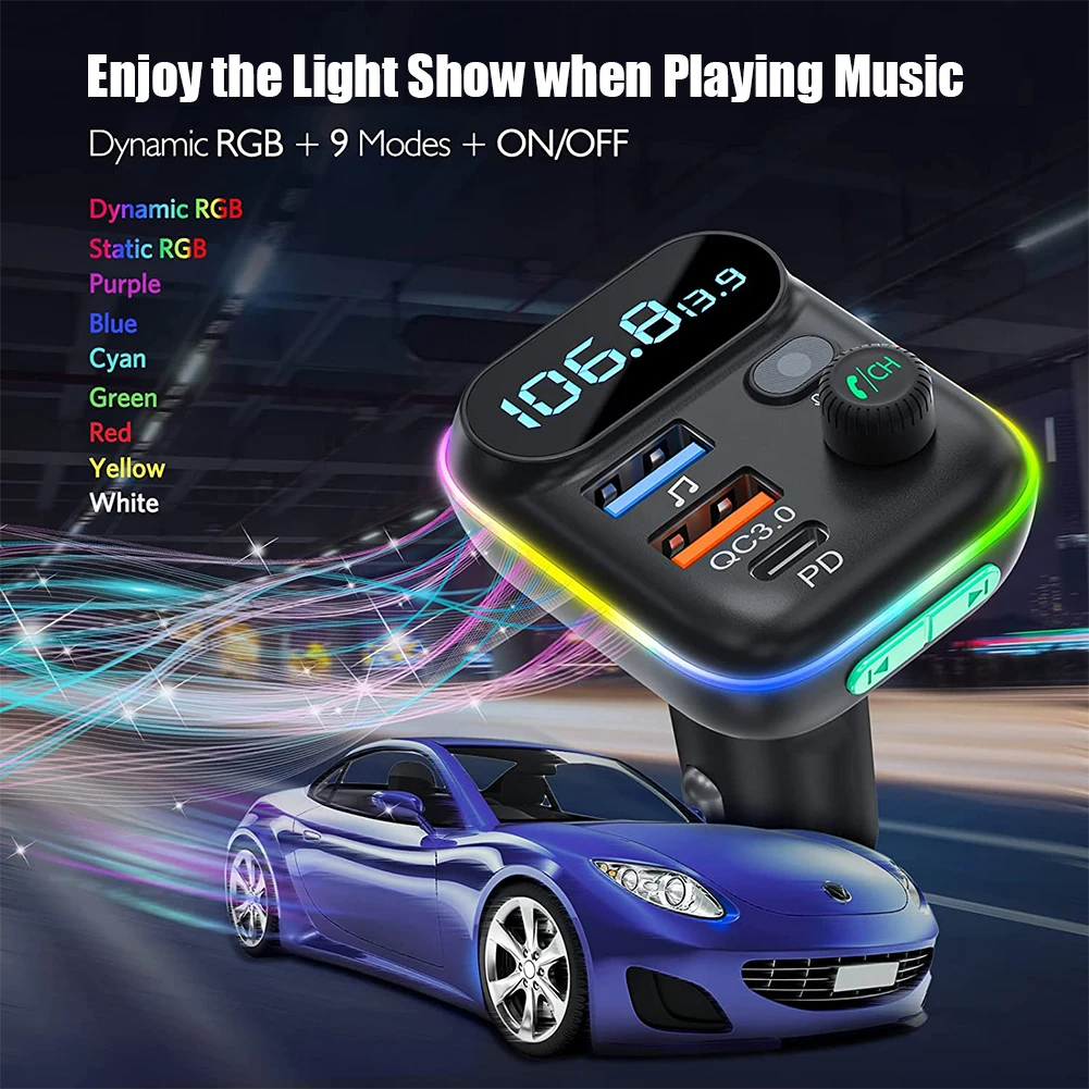 Car Bluetooth 5.0 FM Transmitter QC3.0 PD Type C Dual USB 2025 Car Charger new Ambient Light Handsfree Mp3 Player Support TF Card
