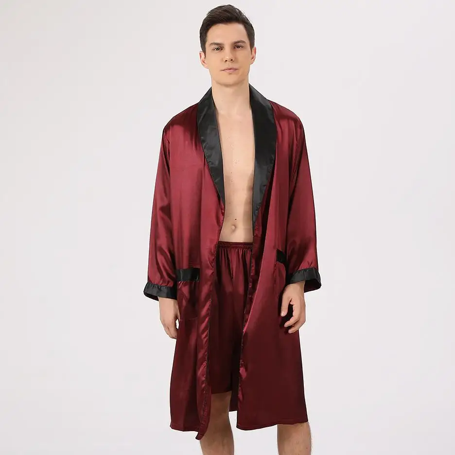 Men Satin Kimono Robe Short Pants Sleep Set Male V-Neck Nightwear Sleepwear Home Dressing Gown Loungewear Pajamas Bathrobe
