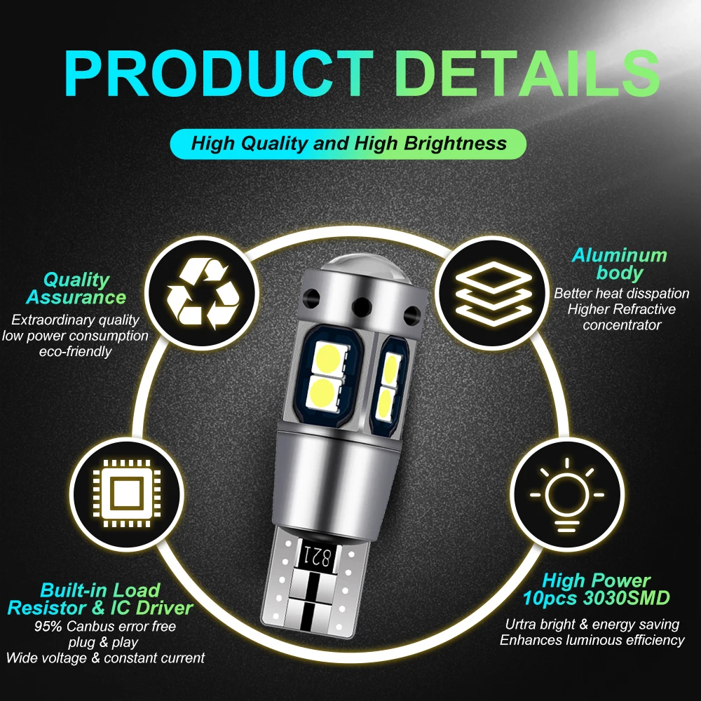 ASLENT 2PCS High Quality T10 W5W 168 192 Led Tail Light 3030 10smd 12V 2025 new Car Led Auto Lamp CANBUS NO Error Car Marker Parking Bulb
