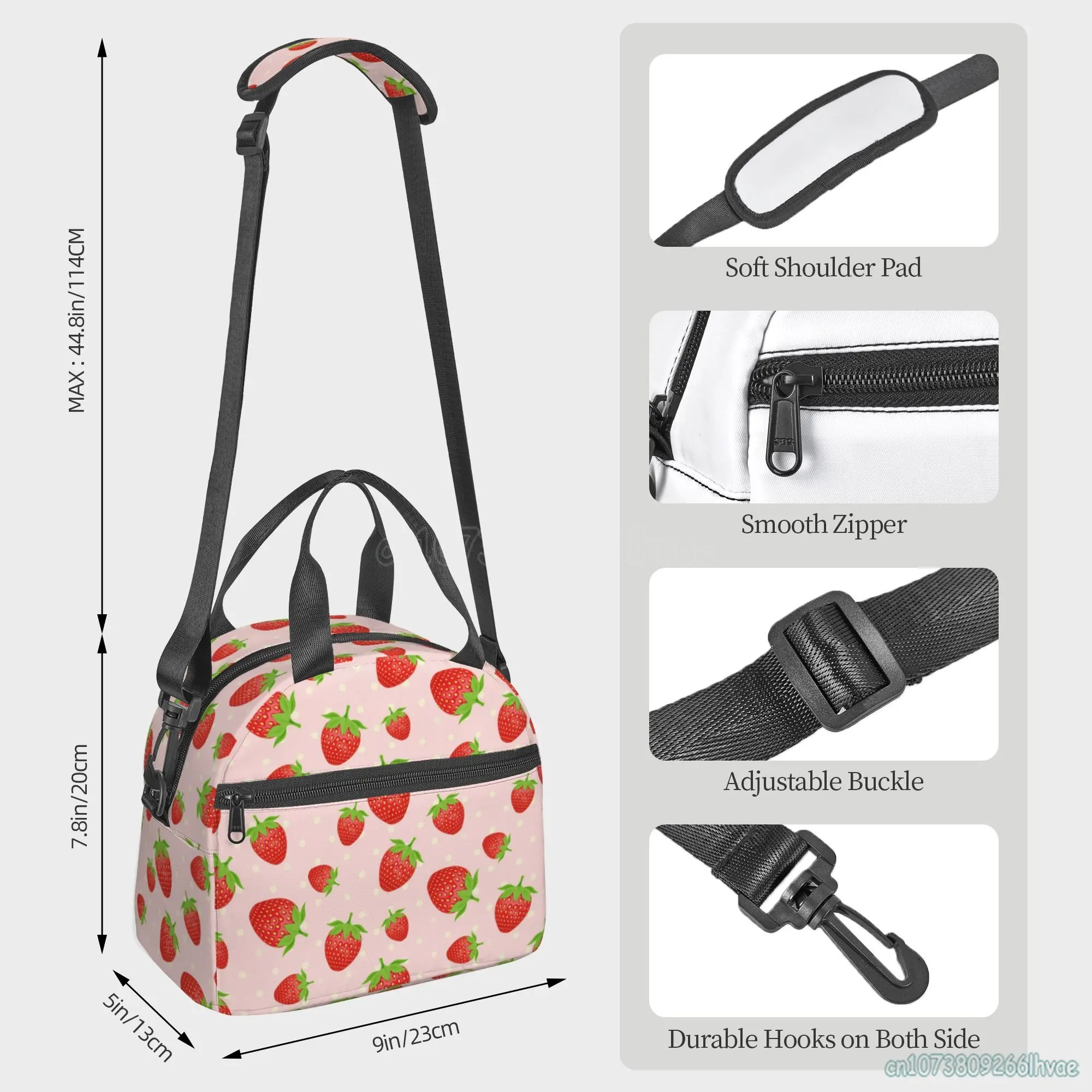 Strawberry Lunch Bag for Girls Women Insulated Lunch Box for School Work Picnic Cooler Tote Bag with Adjustable Shoulder Strap