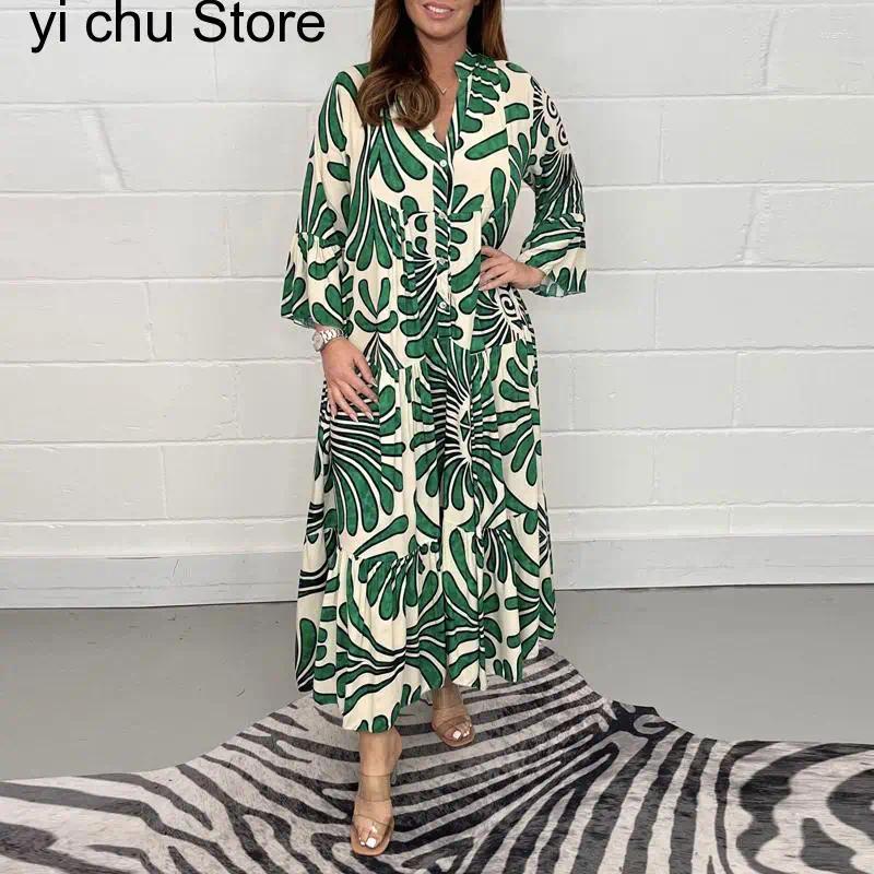 Casual Dresses Summer V Neck 3/4 Sleeve Print Party Dress Fashion Women Office Elegant Single Breasted Geometry Pattern