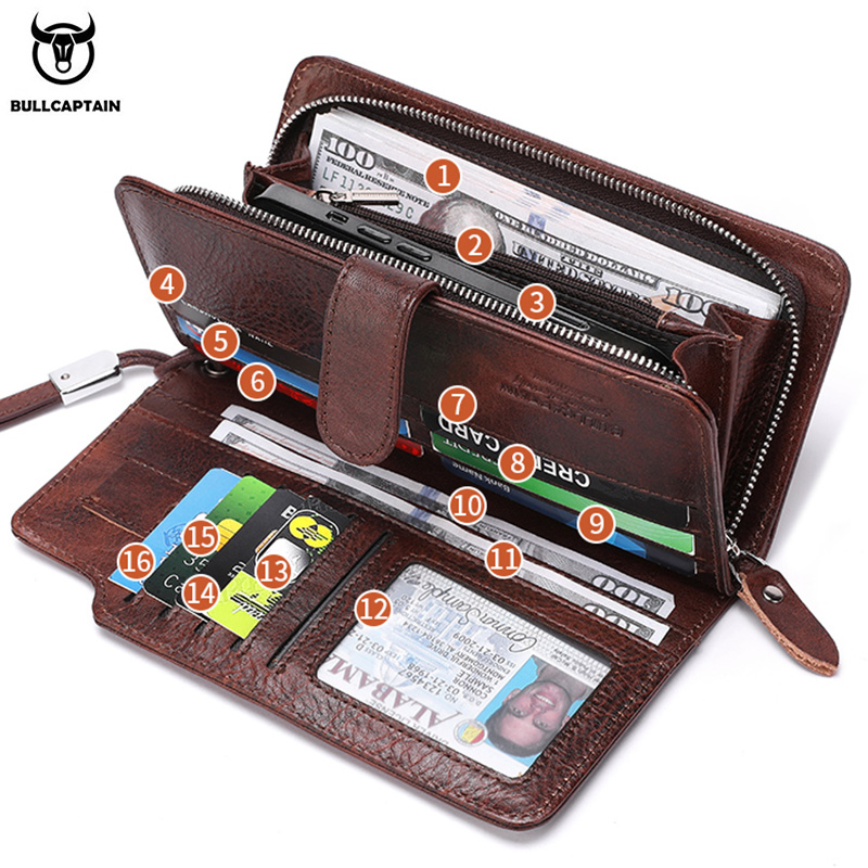 BULLCAPTAIN Men Long Wallet Clutch Bag Credit Card Holder Purses Carteras Billetera Hombre Leather Money Portfe Carte